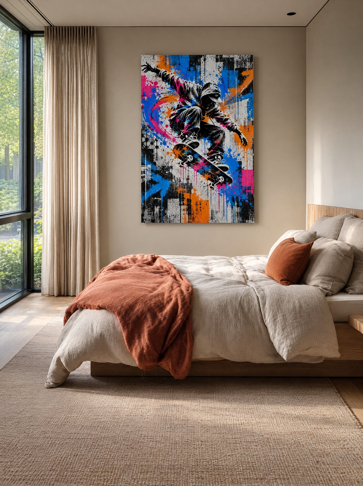 Skater in Kleurexplosie als canvas zonder lijst aan de muur