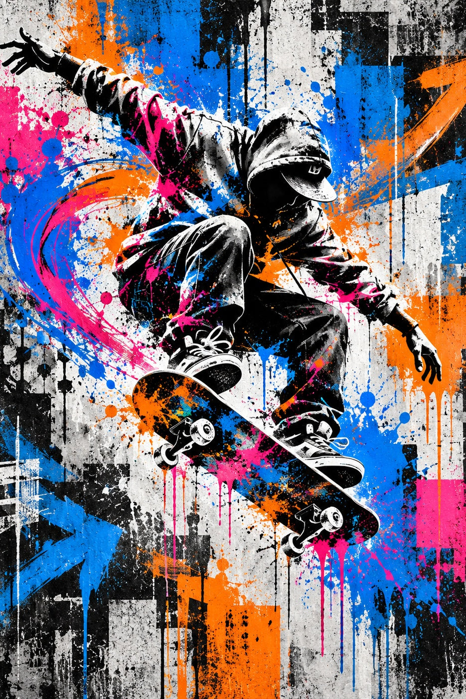Skater in Kleurexplosie: een skateboarder in hoodie springt hoog boven de straat
