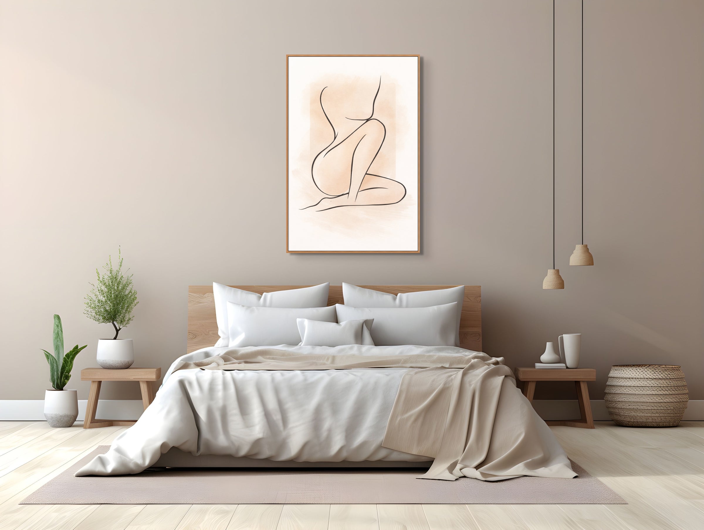Slaapkamer met een beige line-art print van een vrouwfiguur boven het bed