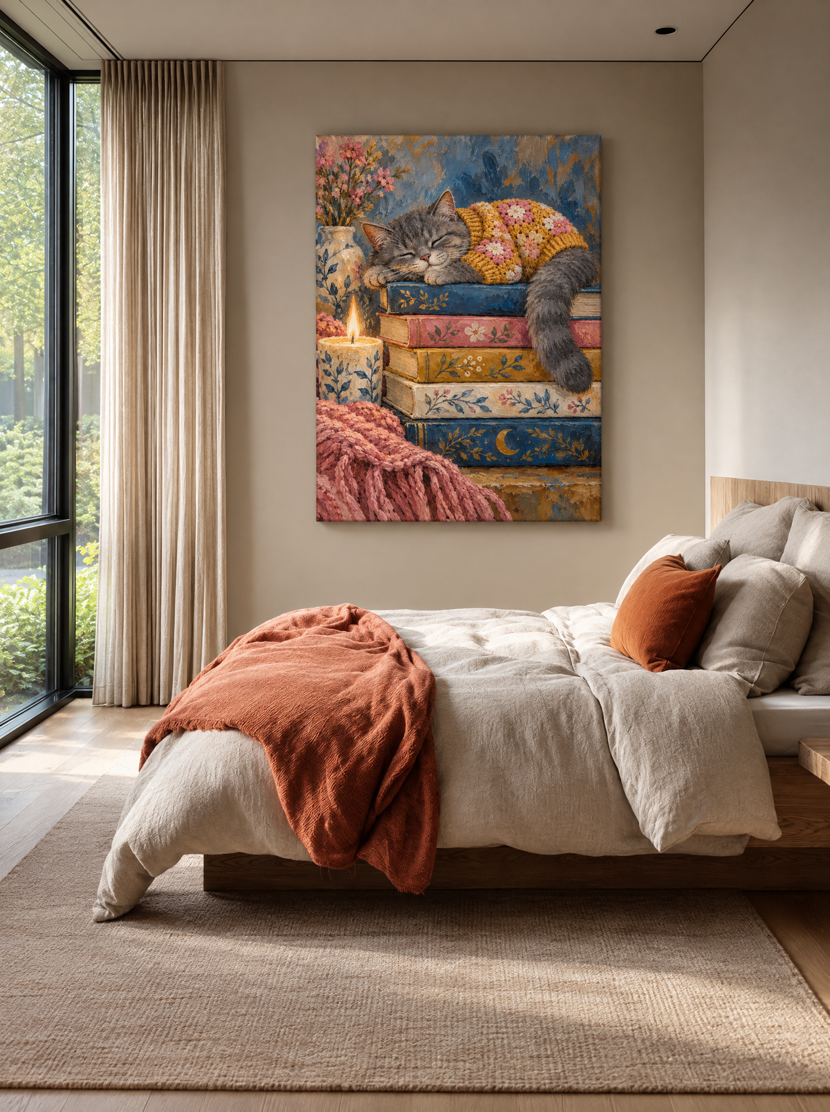 Slapende Kat op Boekenstapel als canvas zonder lijst aan de muur