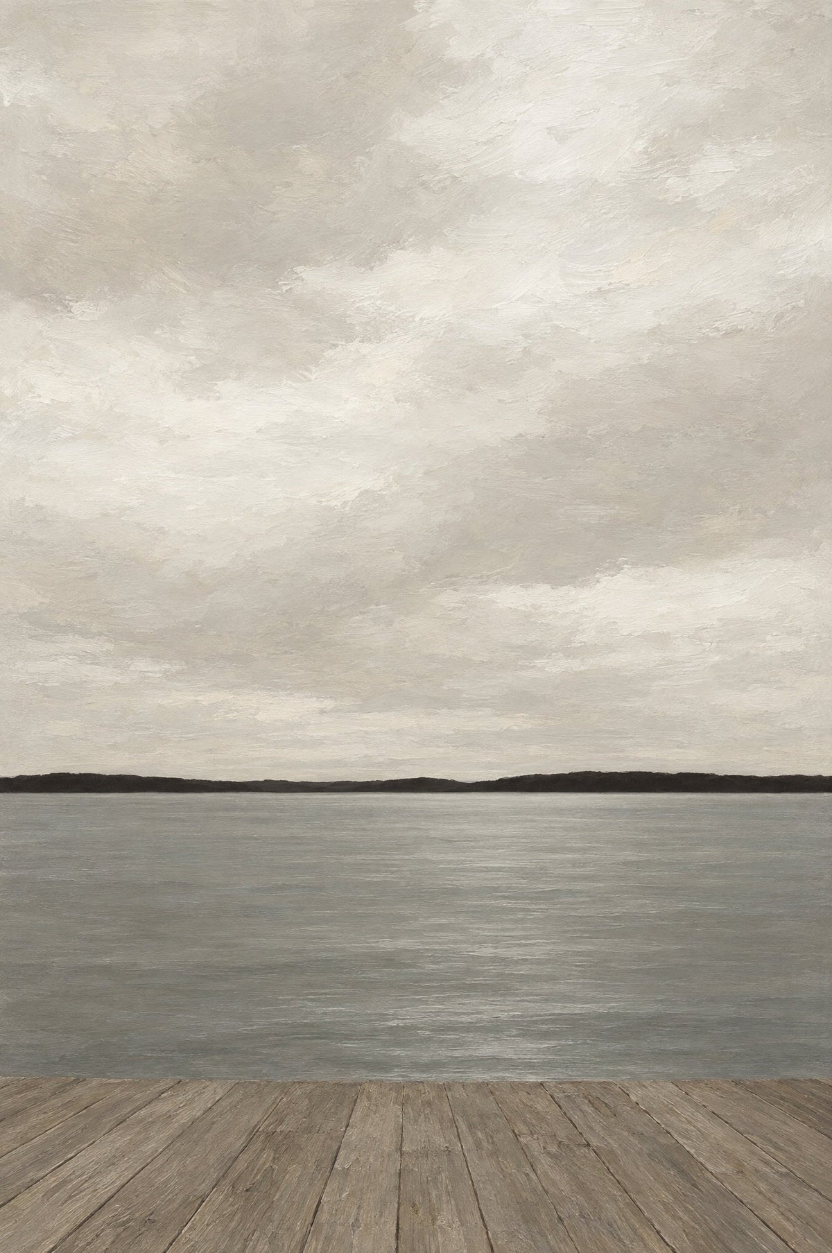 Geschilderd uitzicht vanaf een houten steiger over grijs water met donkere horizon en wolken