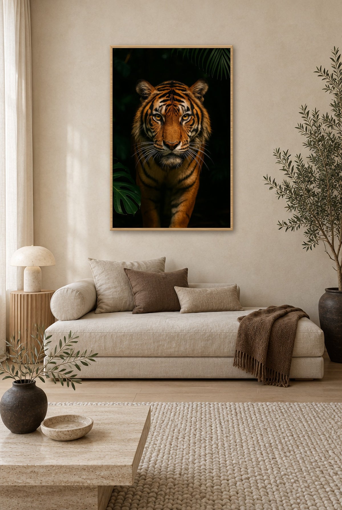 Smaragdstreep in het Bladerdek Wandbild mit Naturholzrahmen an der Wand im Wohnzimmer