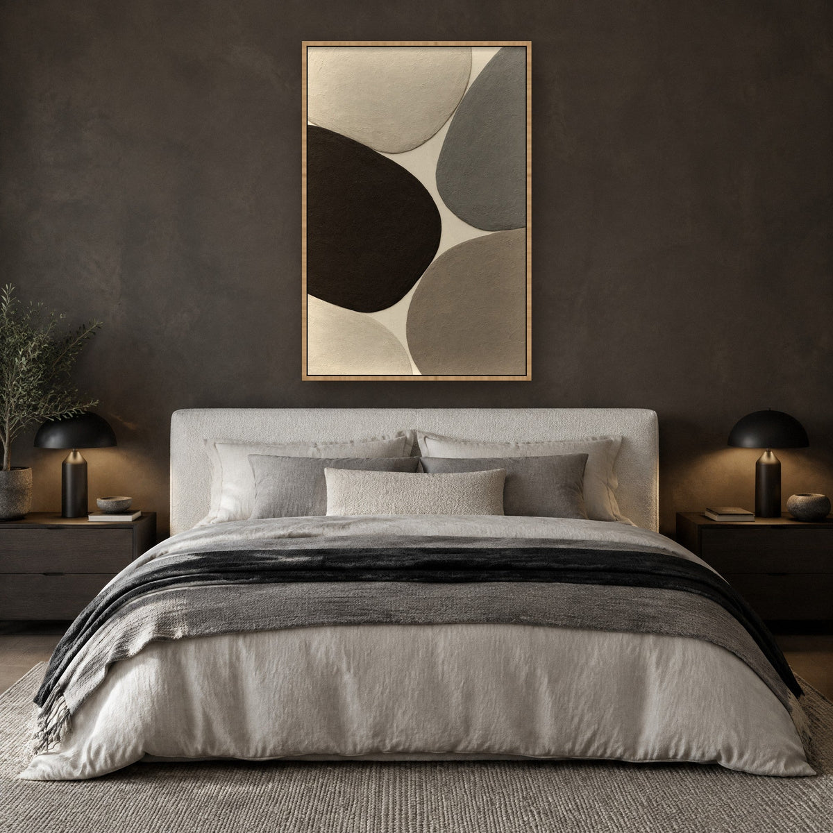 Soft Boulders in Relief wall art with natural wood frame on the wall in the bedroom