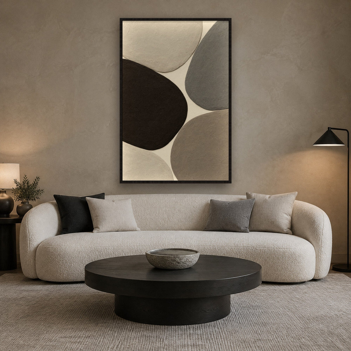 Soft Boulders in Relief wall art with black frame on the wall in the living room
