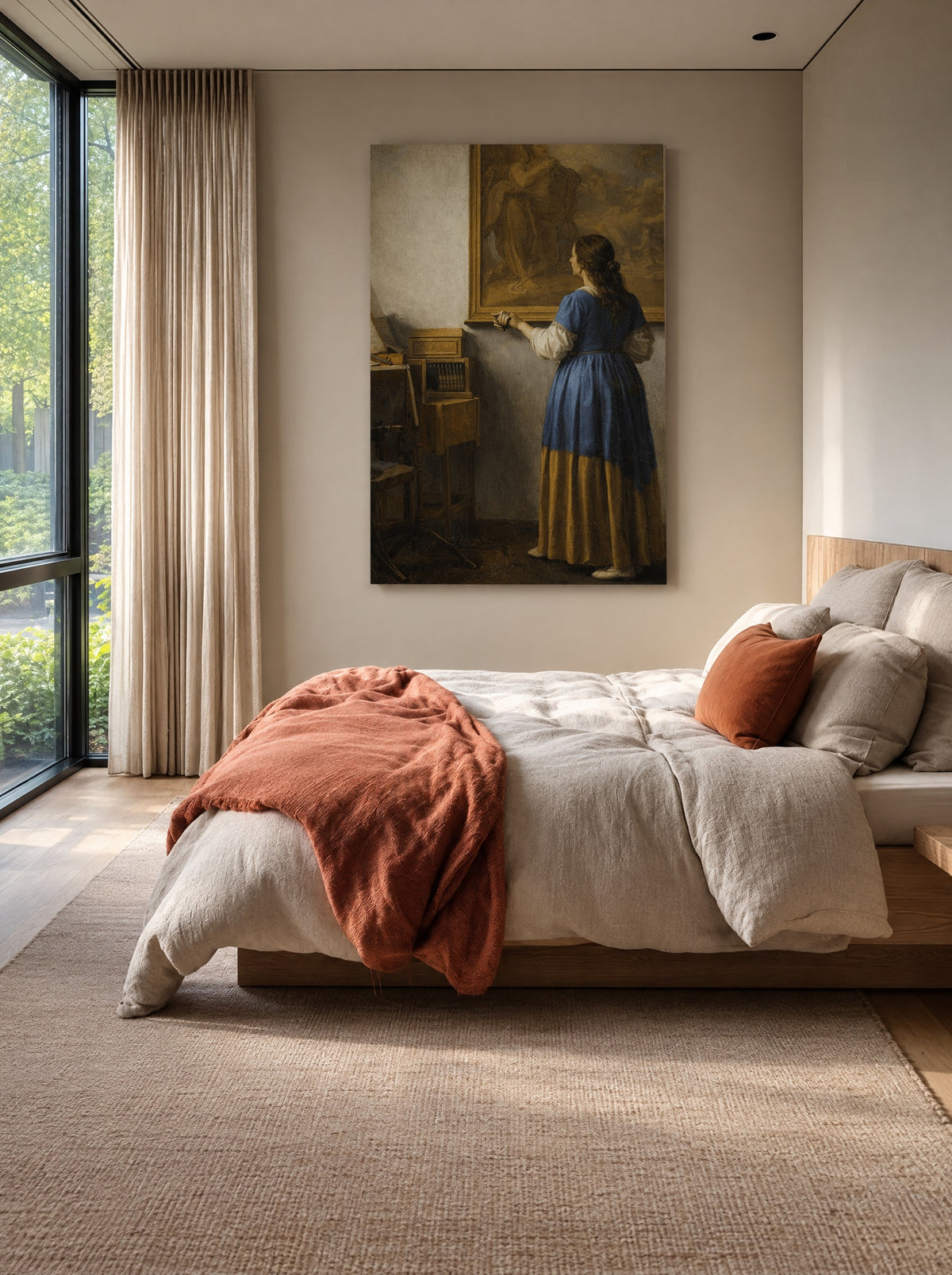 Staande Vrouw aan het Virginaal als canvas zonder lijst aan de muur