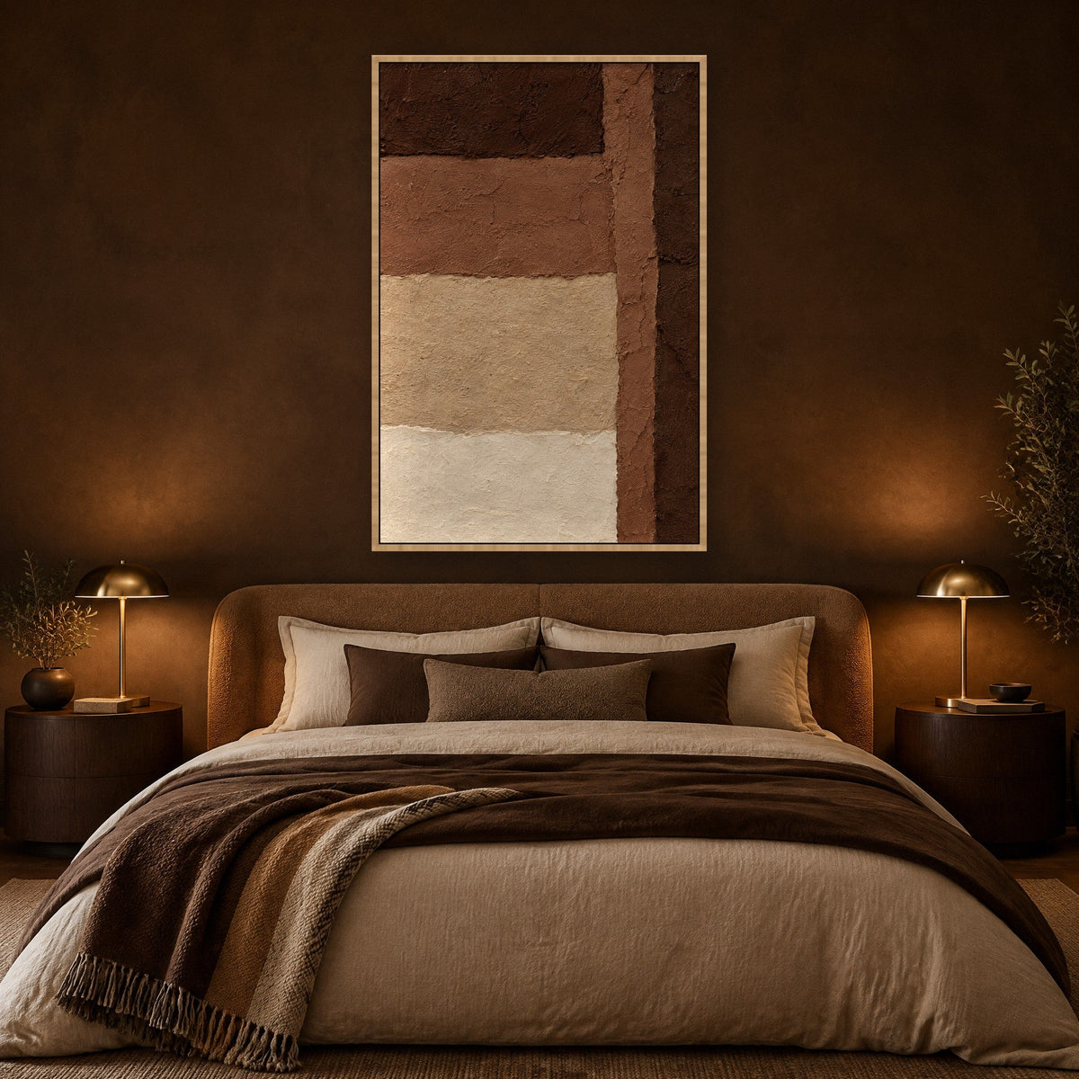 Geschichteter Ton in Lehm und Terrakotta Wandbild mit Naturholzrahmen an der Wand im Schlafzimmer