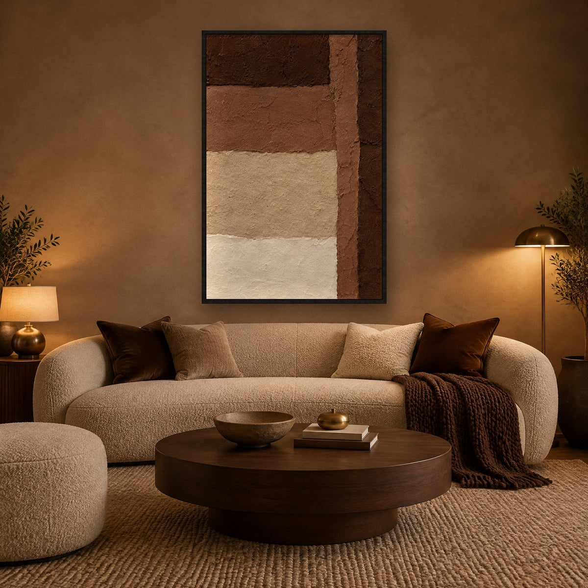 Geschichteter Ton in Lehm und Terrakotta Wandbild mit schwarzem Rahmen an der Wand im Wohnzimmer