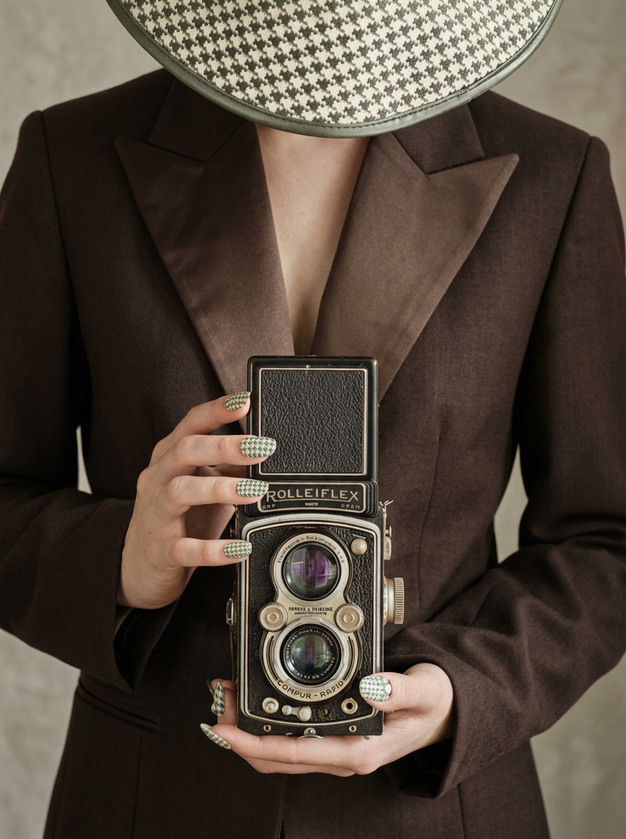 Artistiek modeportret van een vrouw in bruin colbert met vintage camera en grafische ronde hoed