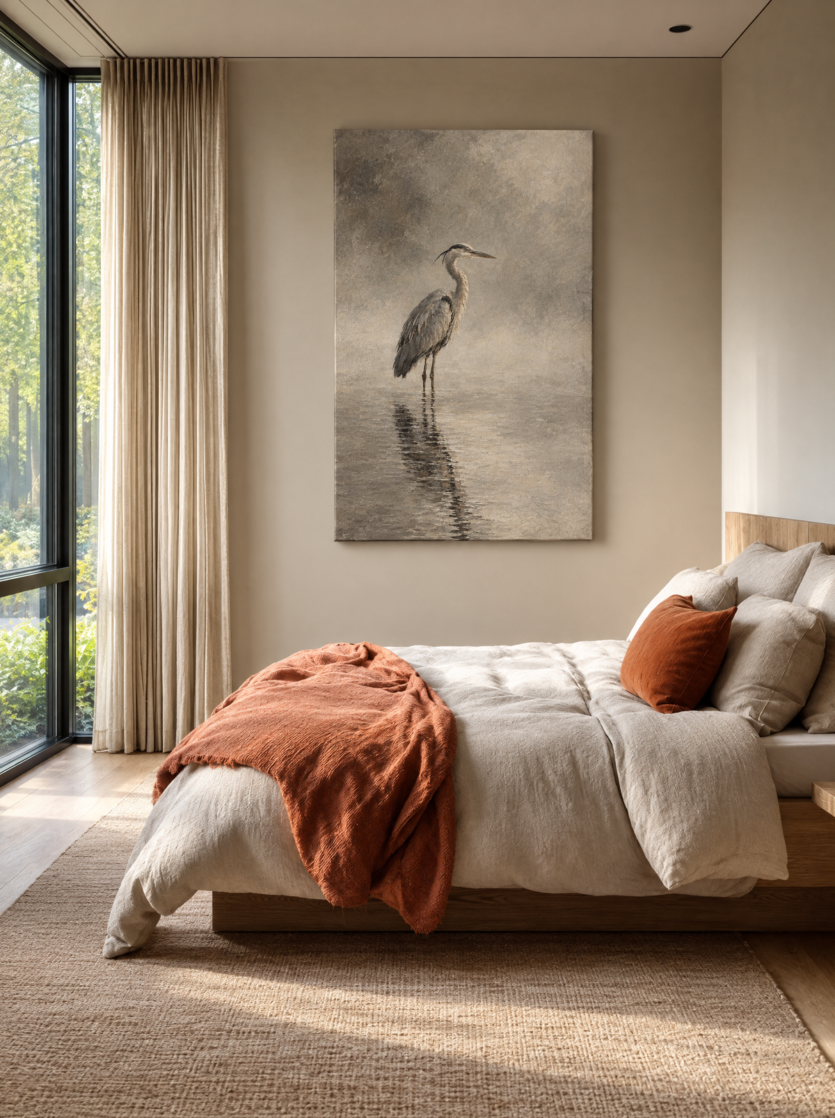 Stille Reiger in Nevel als canvas zonder lijst aan de muur