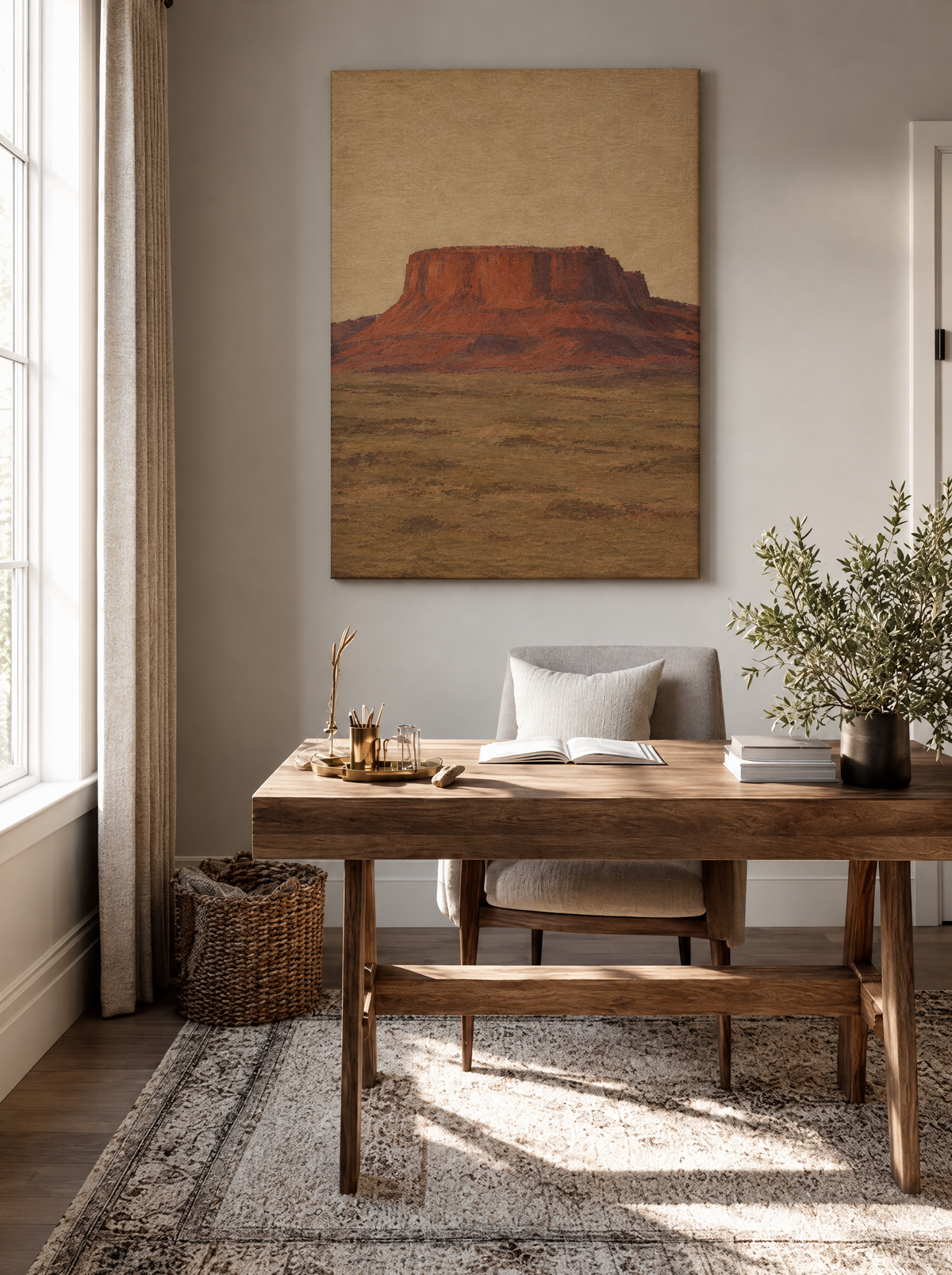 Stille Tafelberg in Roest en Aubergine als canvas zonder lijst aan de muur