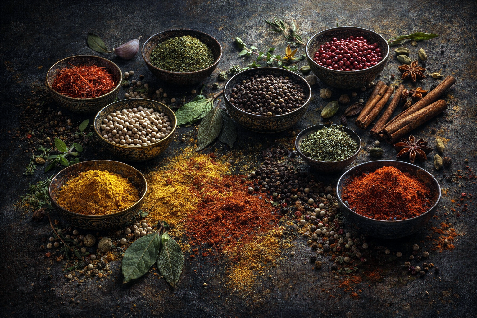 Schilderachtig stilleven met kommen vol kruiden, specerijen en kaneel op donkere achtergrond