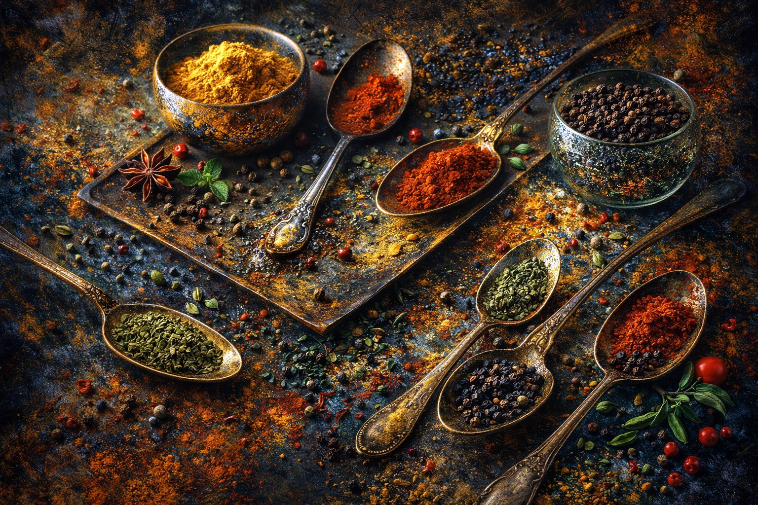 Schilderachtig stilleven met lepels vol kruiden, specerijen en peperkorrels op donkere achtergrond