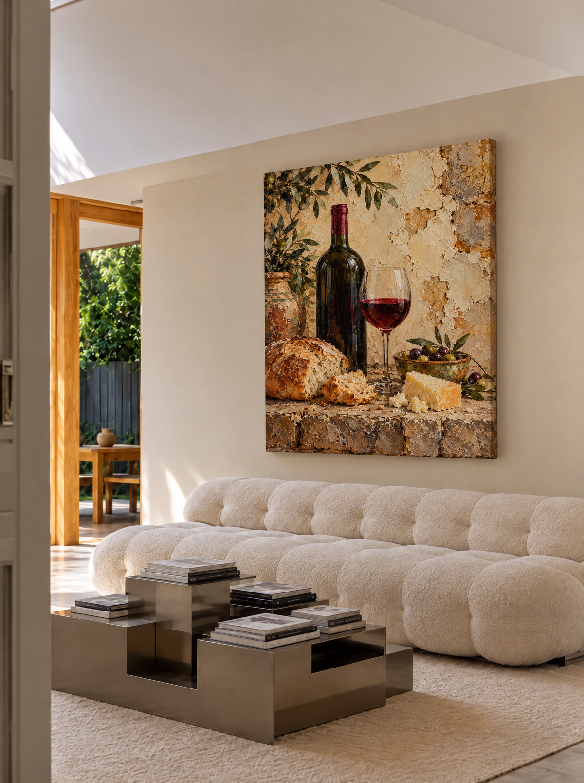 Stilleven met Wijn en Kaas als canvas zonder lijst aan de muur