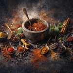 Schilderachtig stilleven met kruiden, specerijen, kaneel en lepels op donkere achtergrond