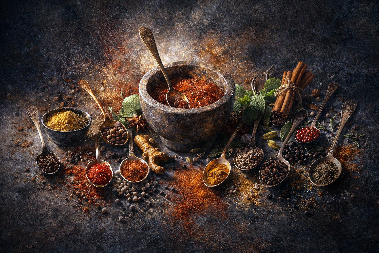 Schilderachtig stilleven met kruiden, specerijen, kaneel en lepels op donkere achtergrond