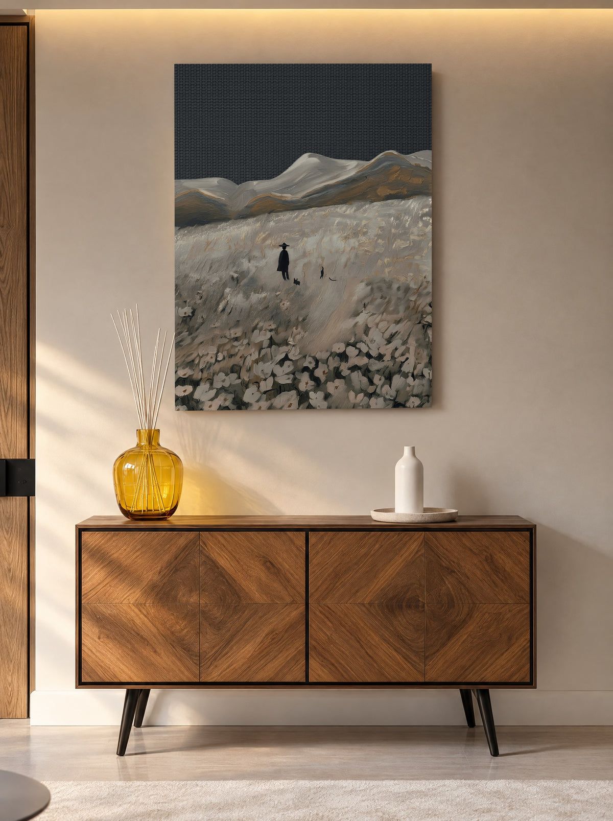 Stiltepad naar Droomheuvels als canvas zonder lijst aan de muur
