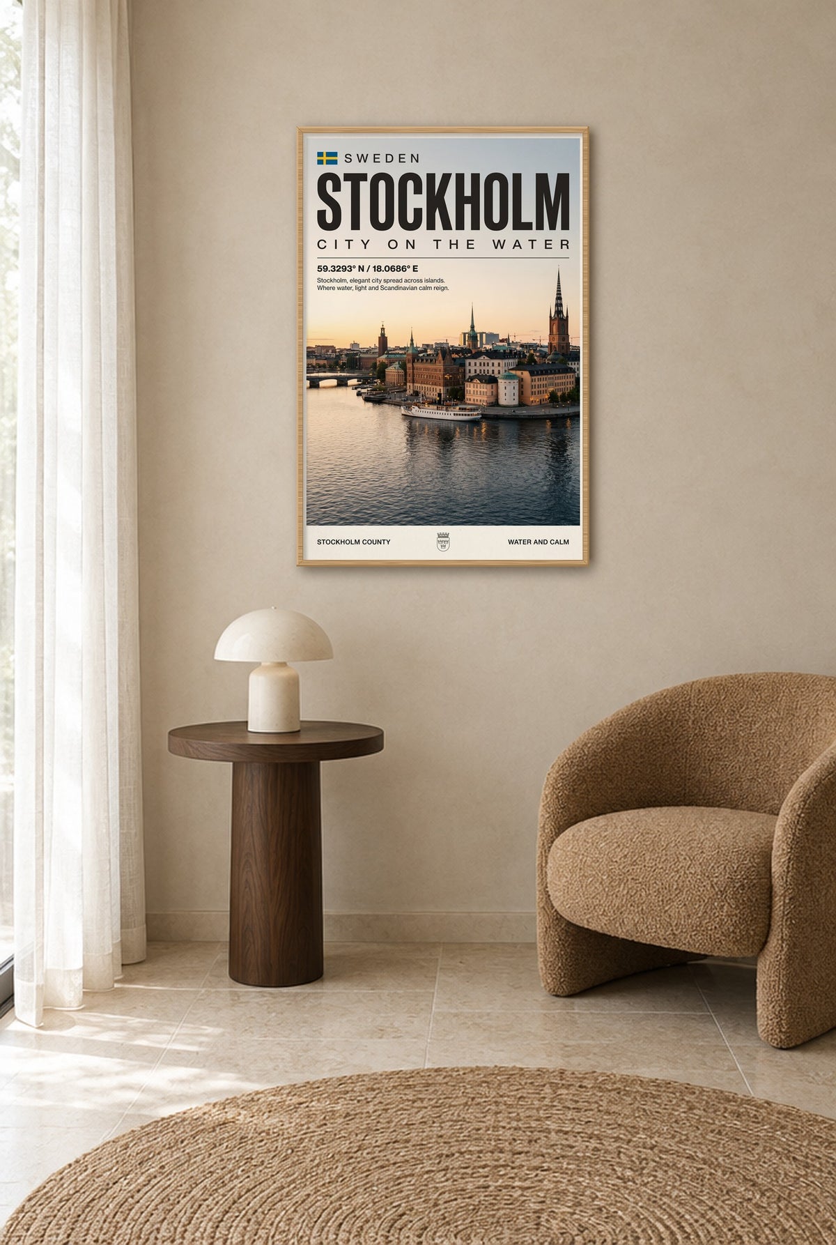 Stockholm Stad op het Water Wandbild mit Naturholzrahmen an der Wand im Flur