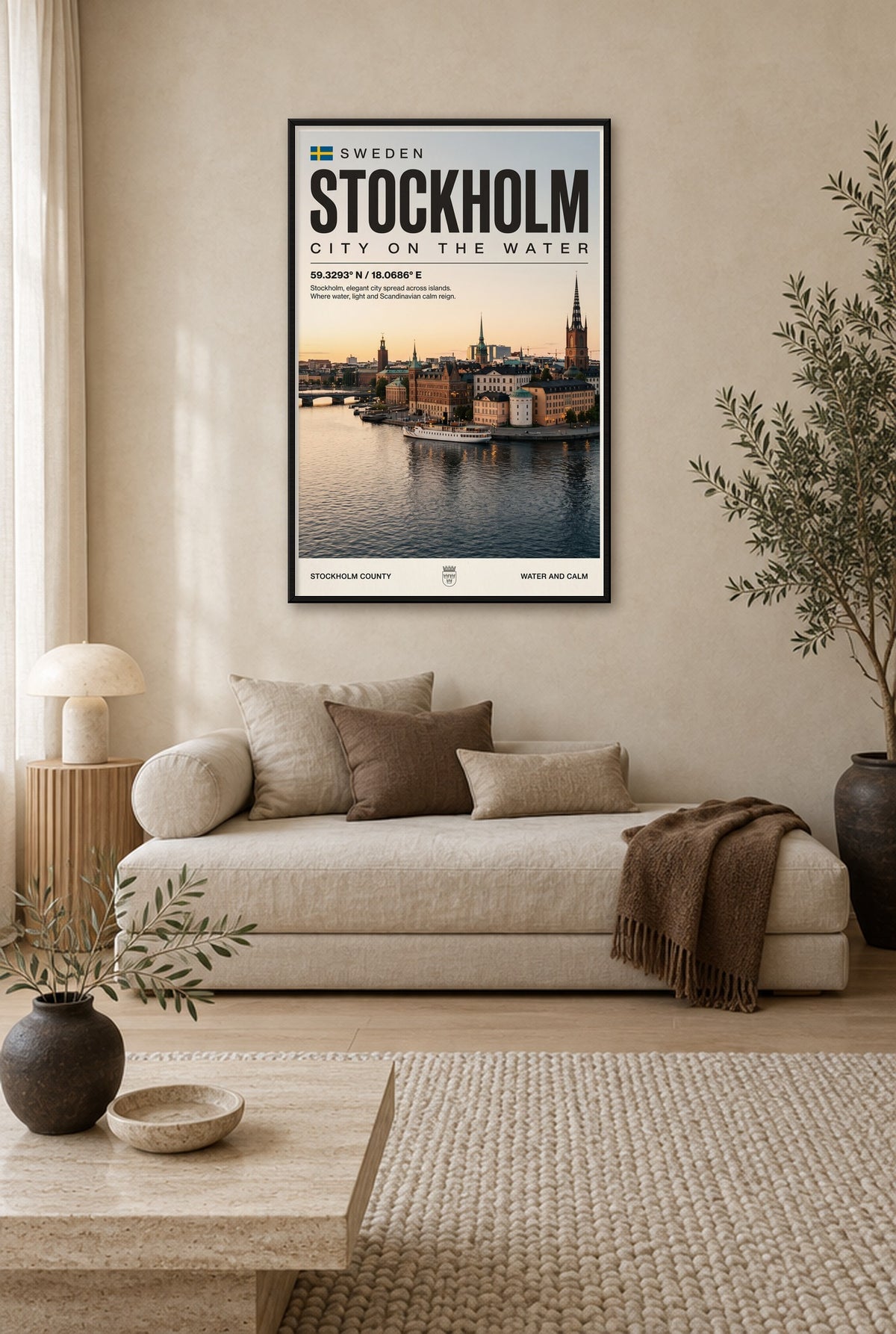 Stockholm Stad op het Water Wandbild mit schwarzem Rahmen an der Wand im Wohnzimmer