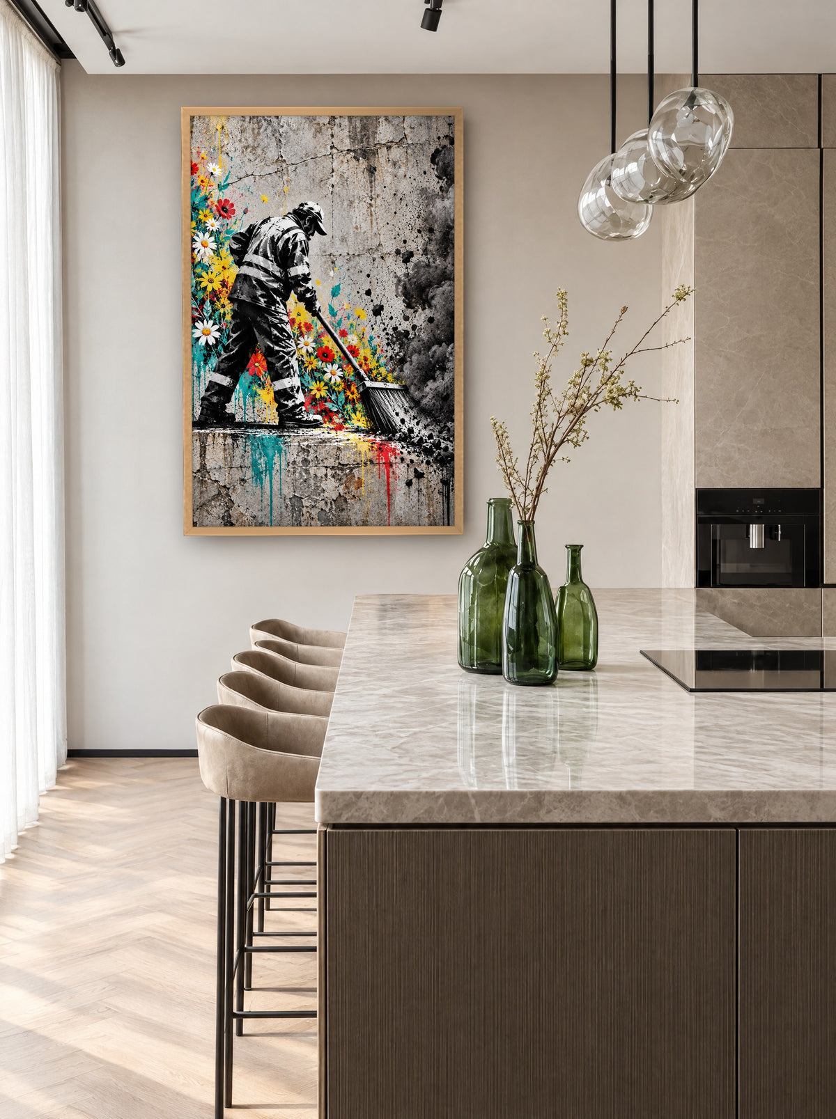 Straatveger met Bloemen met natuur houten lijst aan de muur