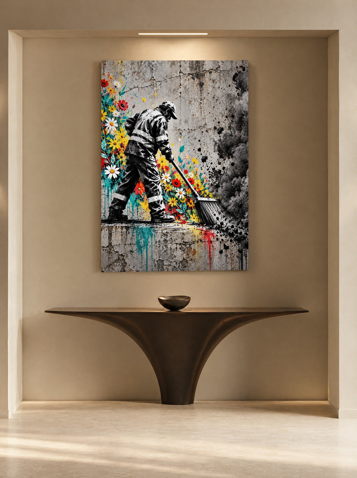 Straatveger met Bloemen als canvas zonder lijst aan de muur