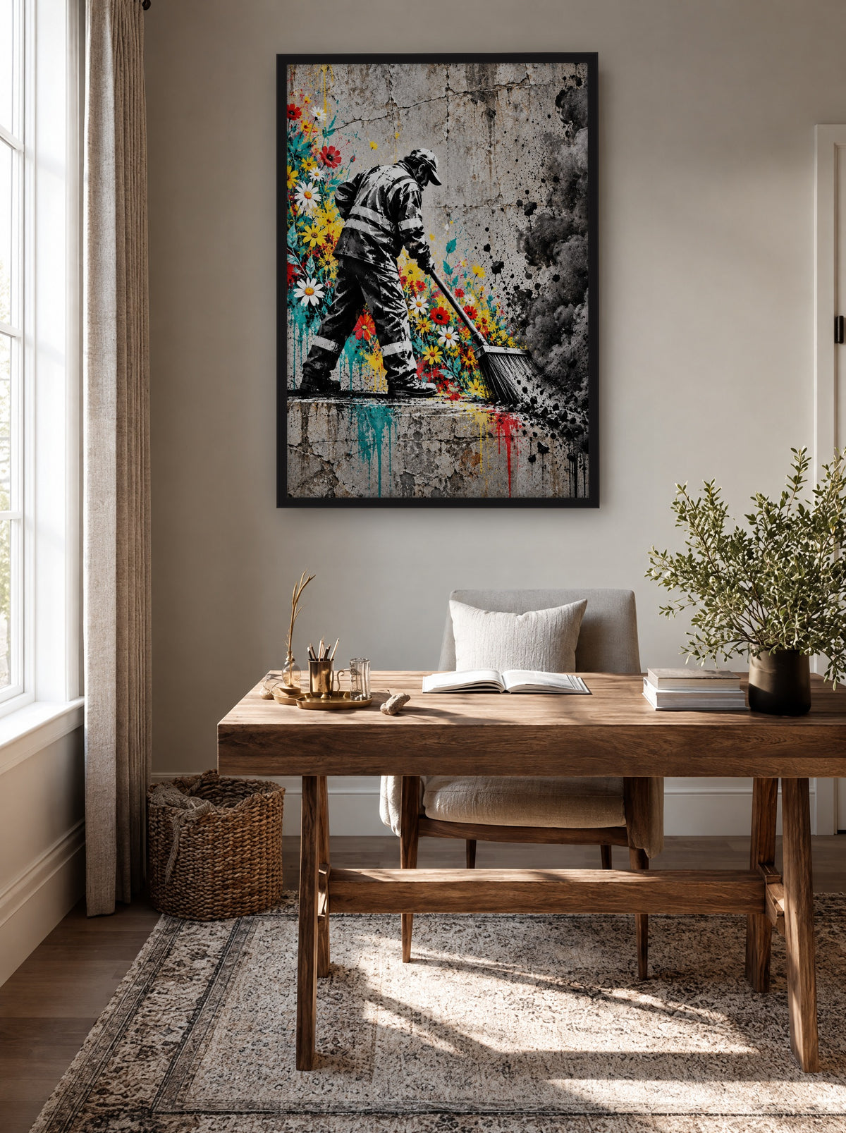 Straatveger met Bloemen met zwarte lijst aan de muur