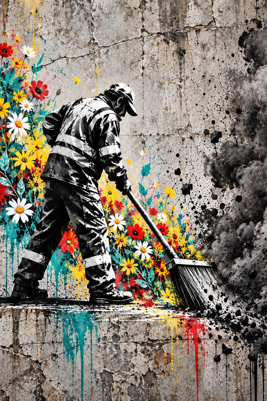 Straatveger met Bloemen: een straatveger veegt geen vuil, maar bloemen bij elkaar