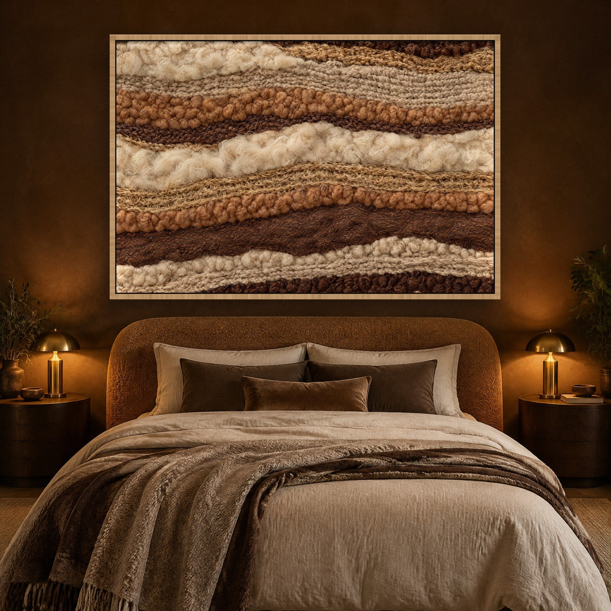 Bouclé-Gewebe in Camel und Ecru Wandbild mit Naturholzrahmen an der Wand im Schlafzimmer