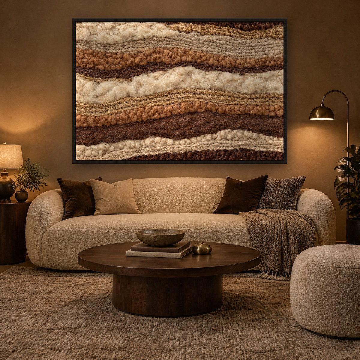 Bouclé-Gewebe in Camel und Ecru Wandbild mit schwarzem Rahmen an der Wand im Wohnzimmer
