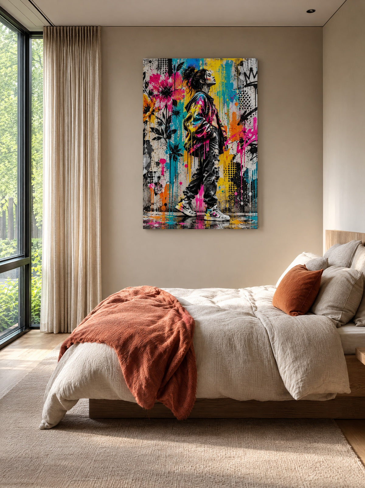 Streetstyle tussen Bloemen als canvas zonder lijst aan de muur