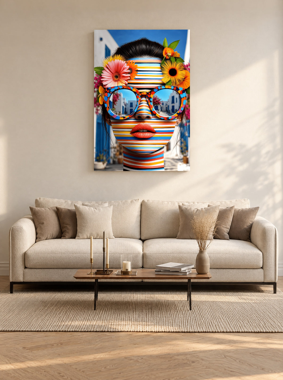 Strepen met Zonnebrilmoed als canvas zonder lijst aan de muur