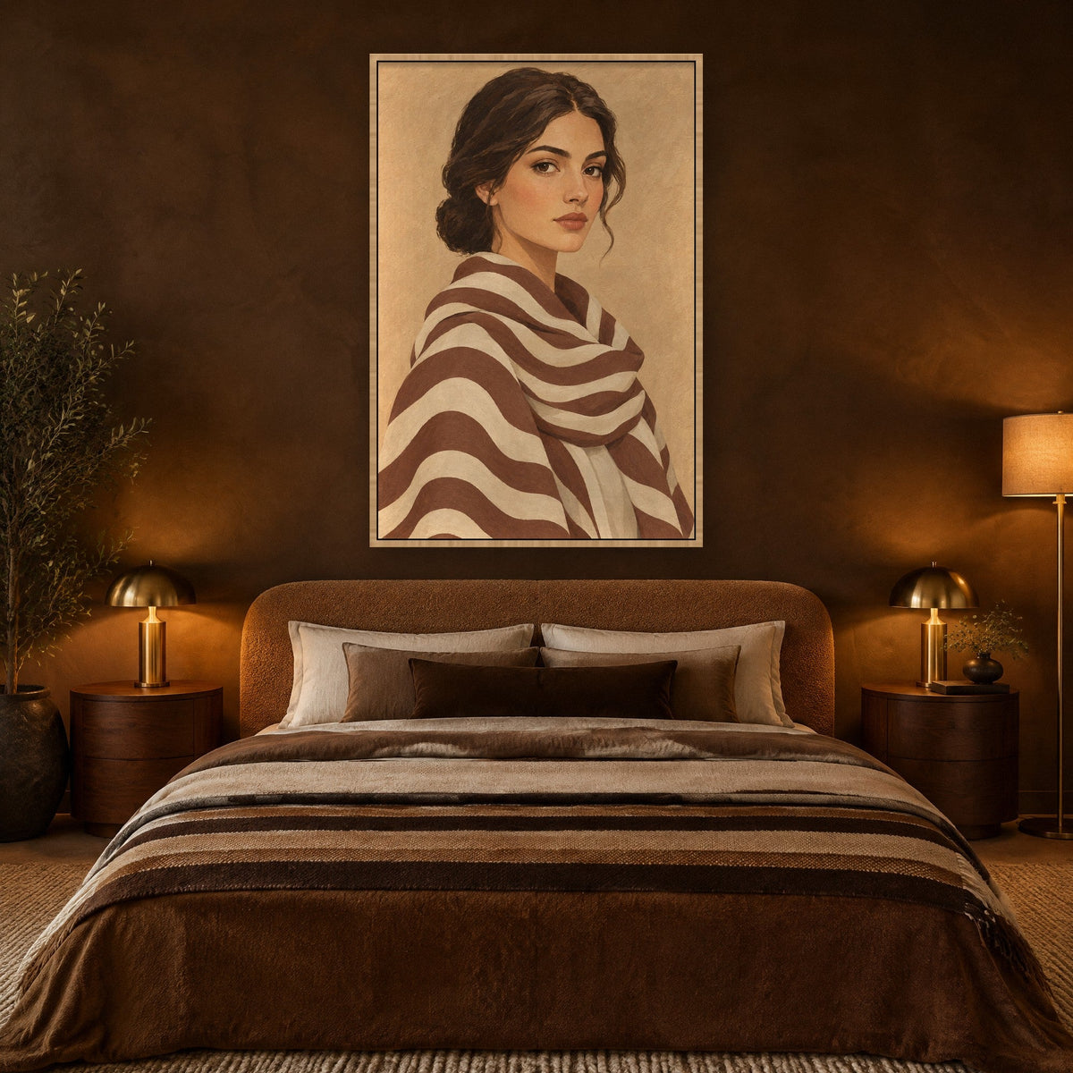 Frau mit gestreiftem Schal Wandbild mit Naturholzrahmen an der Wand im Schlafzimmer
