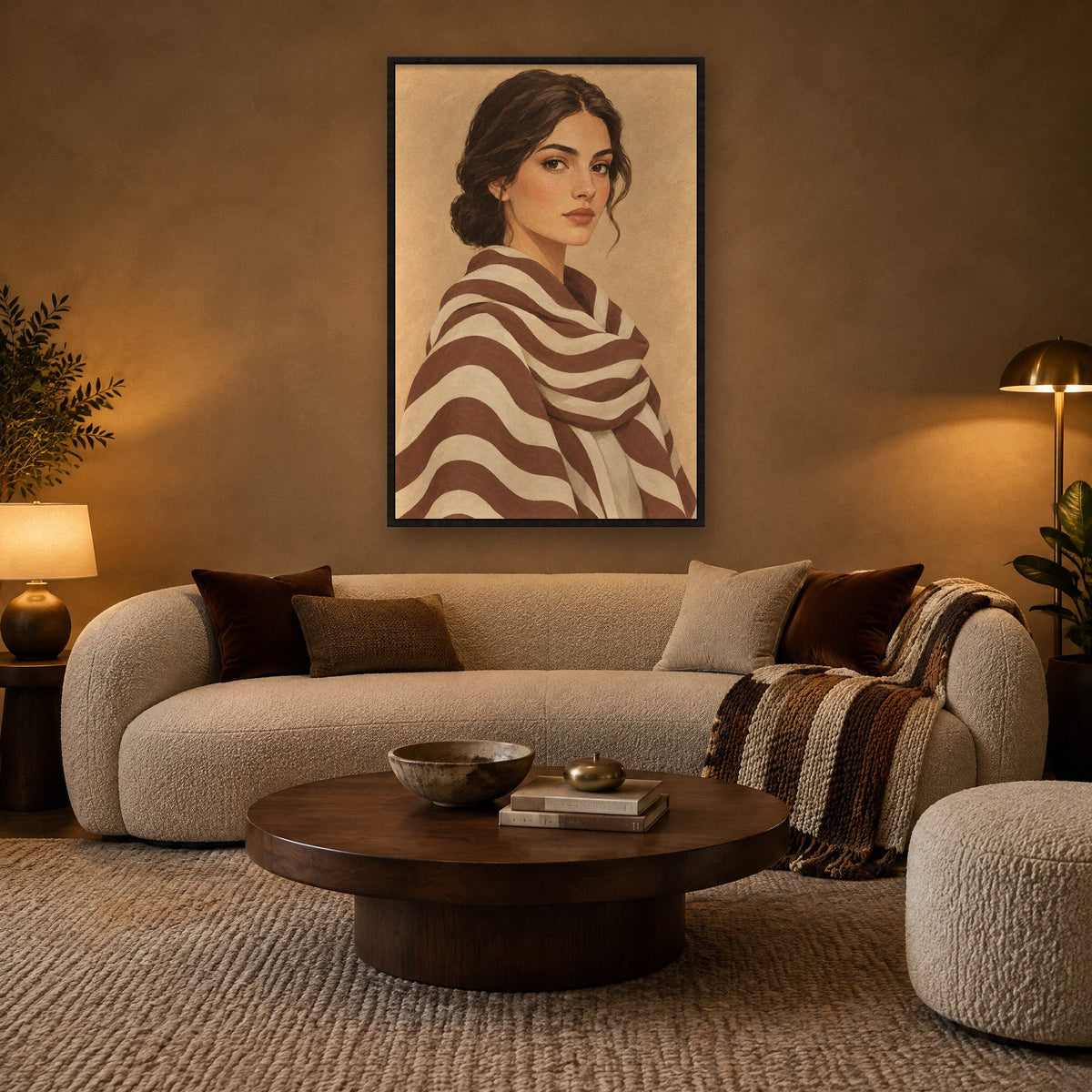 Frau mit gestreiftem Schal Wandbild mit schwarzem Rahmen an der Wand im Wohnzimmer