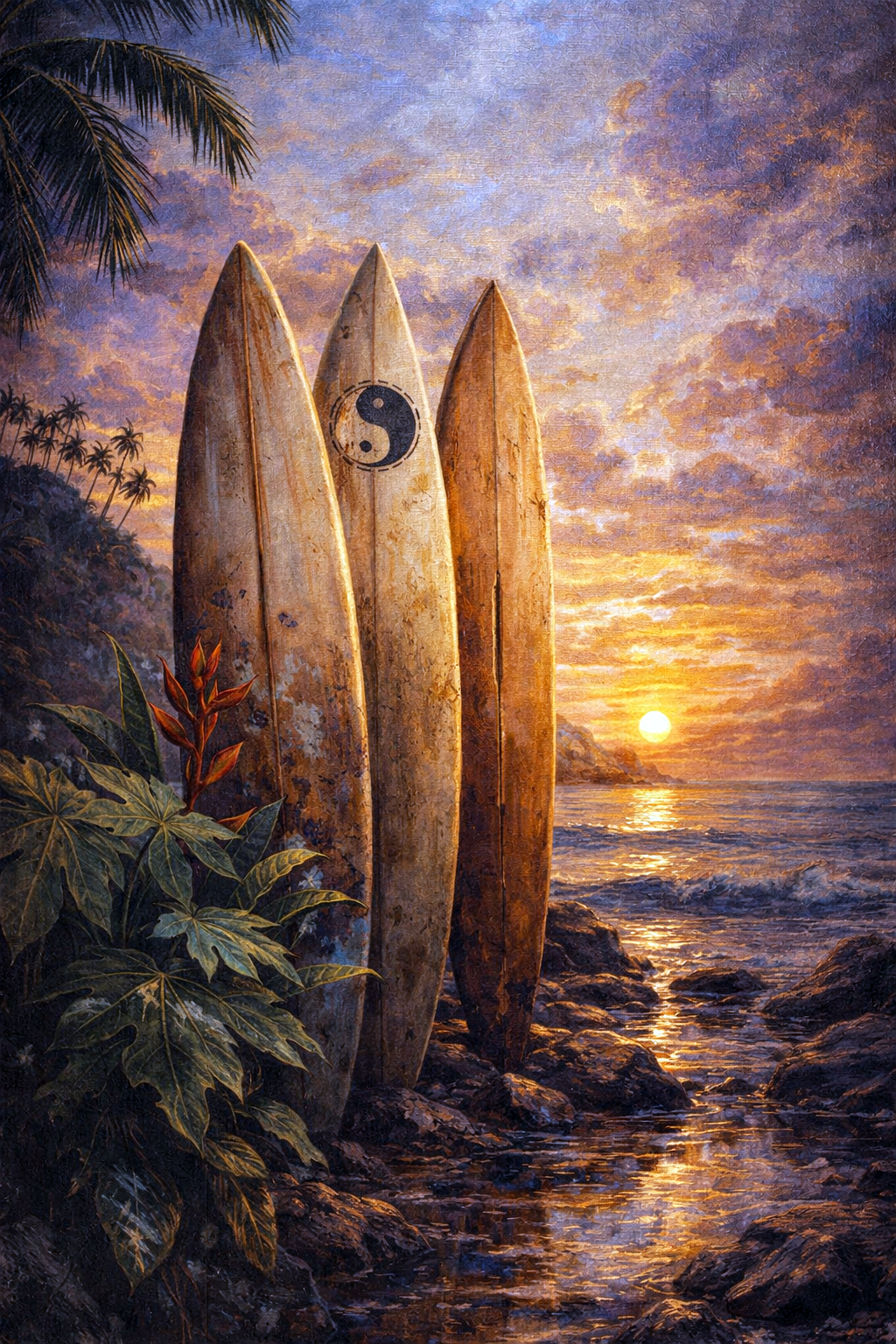 Schilderachtig beeld van surfplanken aan een tropische kust bij zonsondergang