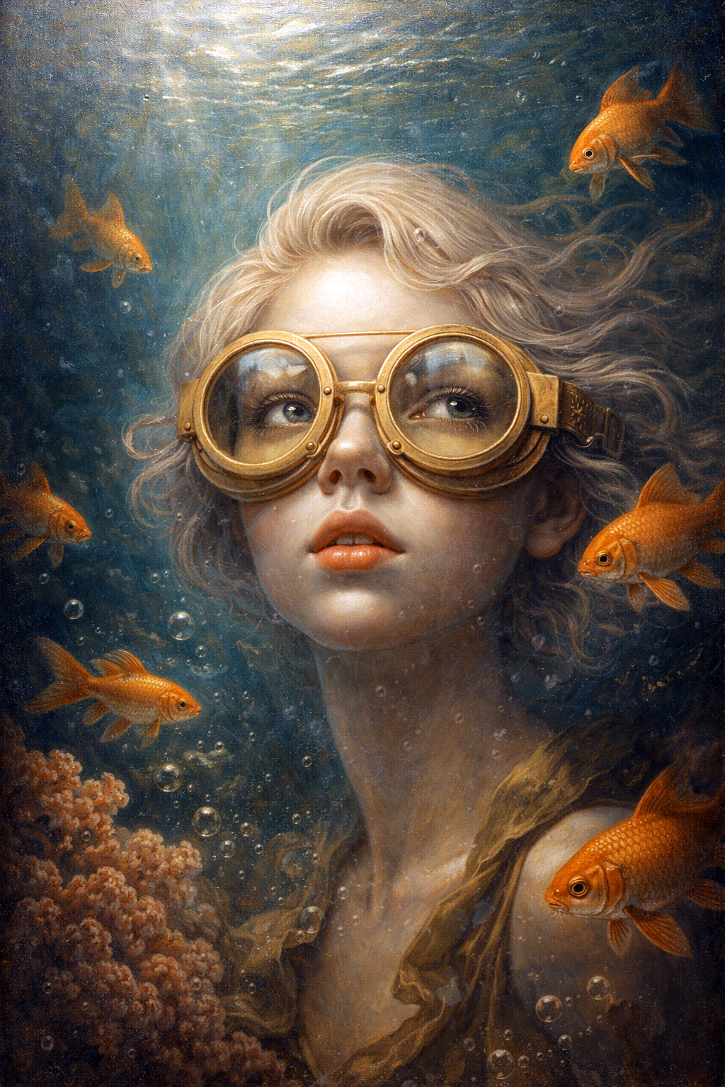 Schilderachtig surrealistisch portret van een jonge vrouw onder water met grote vintage duikbril en goudvissen