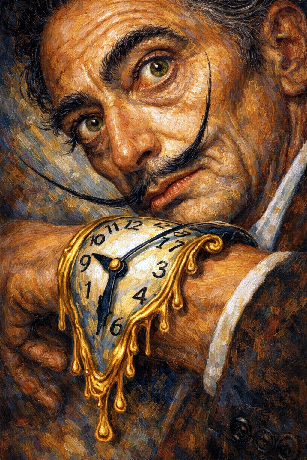 Schilderachtig surrealistisch portret van een man met smeltende klok en intense blik