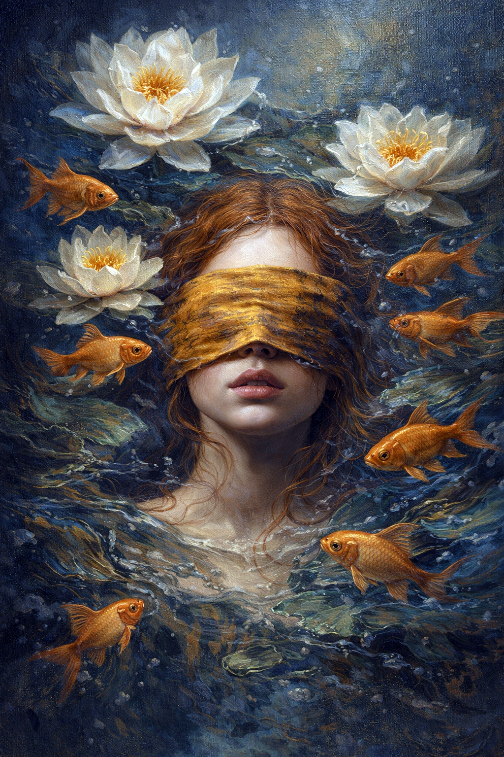 Minimalistisch surrealistisch portret van een vrouw met blinddoek en zwevende vissen in beige tinten