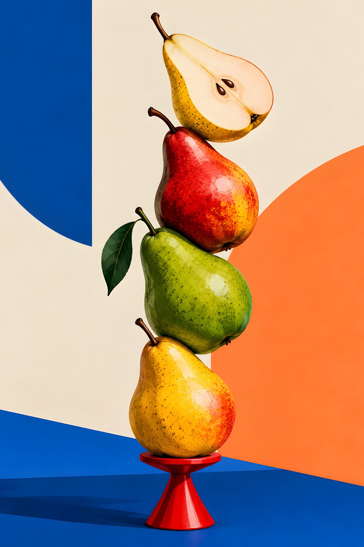 Surrealistische Perentoren op Rode Sokkel popart canvas schilderij