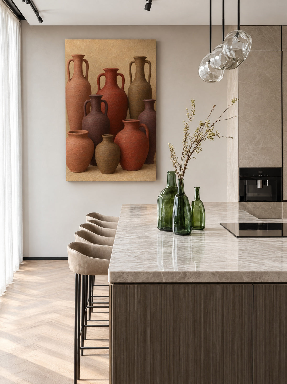 Terracotta Kruiken in Stil Licht als canvas zonder lijst aan de muur