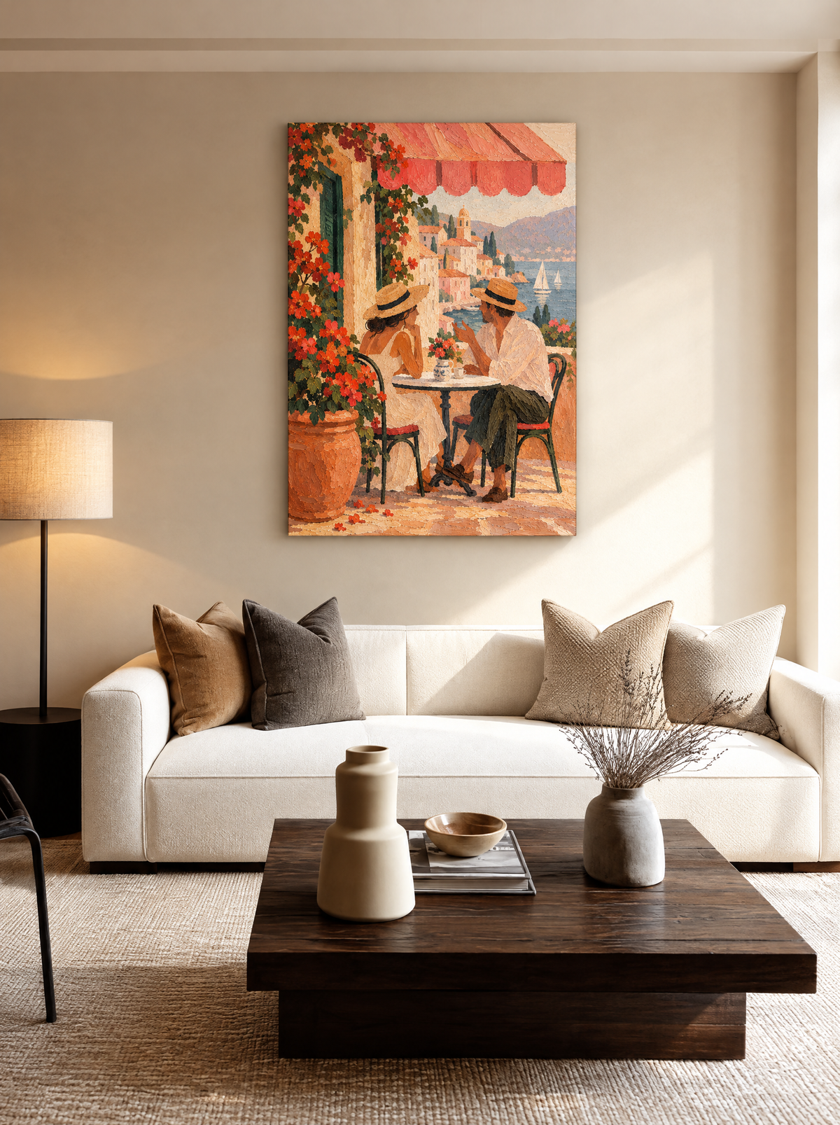 Terras met Bloemen en Zeilboten als canvas zonder lijst aan de muur