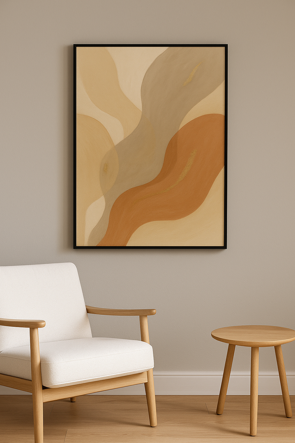 Warme Abstractie in Zandtinten wanddecoratie in interieur, zwarte lijst