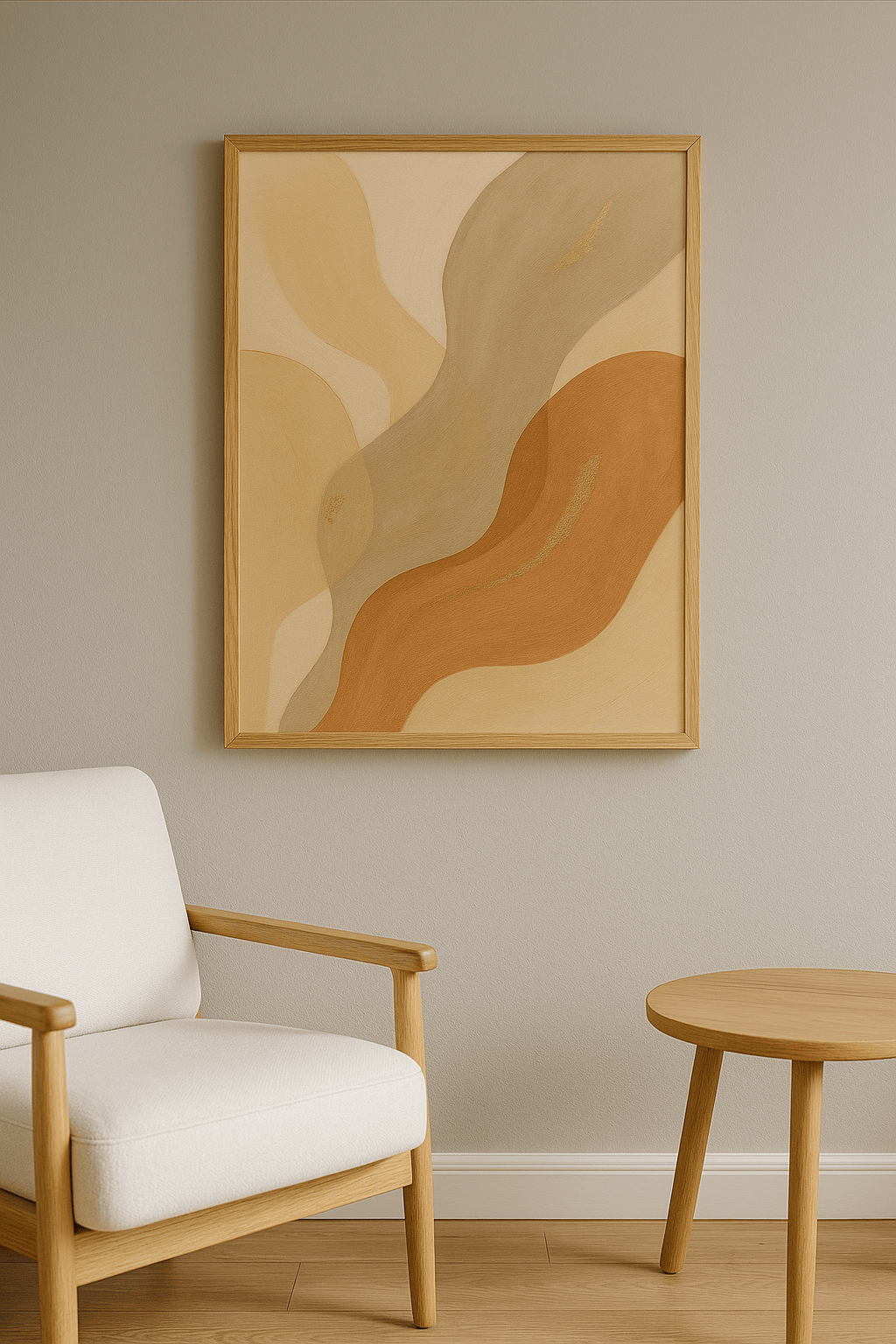 Warme Abstractie in Zandtinten wanddecoratie in interieur, eikenhouten lijst