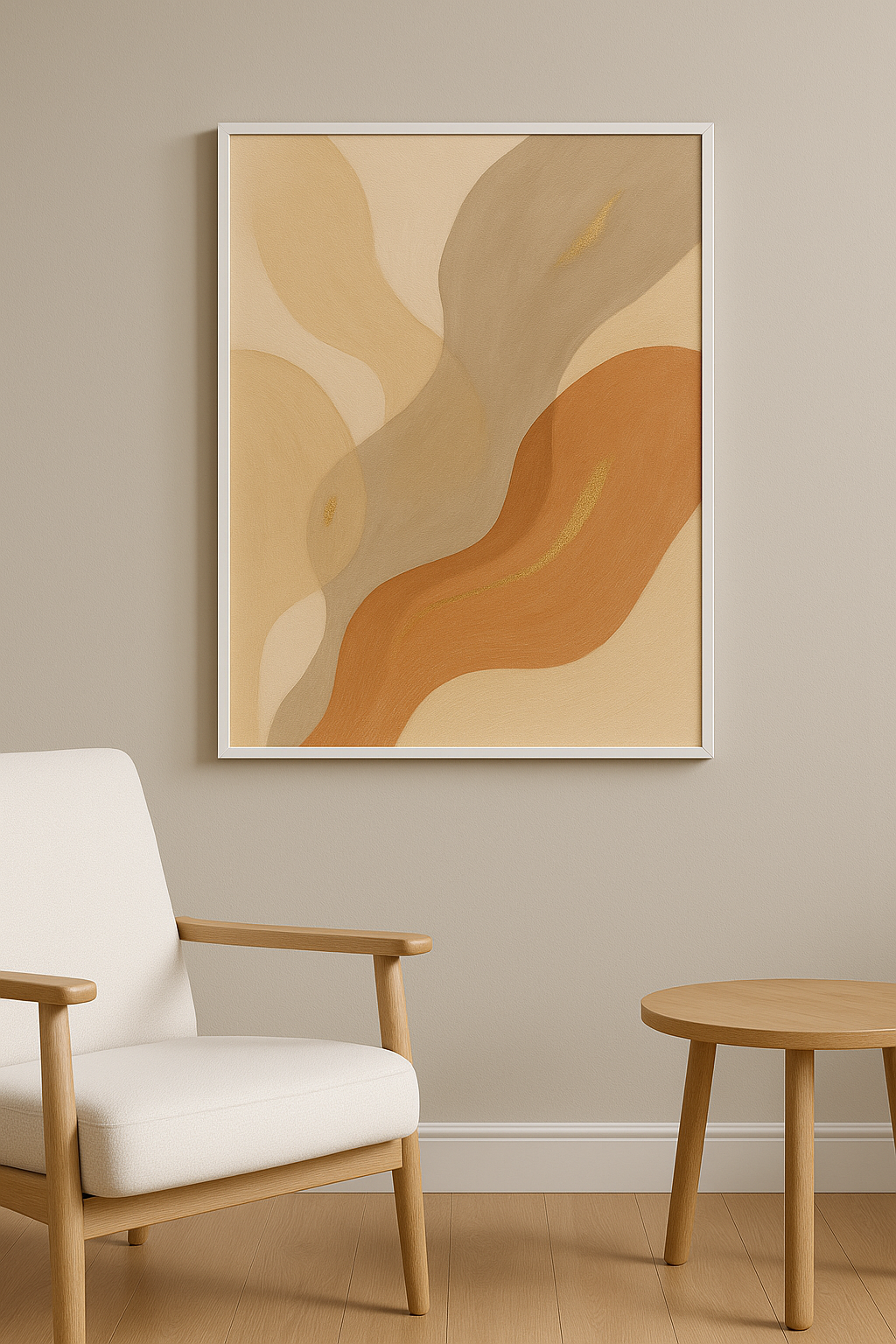 Warme Abstractie in Zandtinten wanddecoratie in interieur, witte lijst