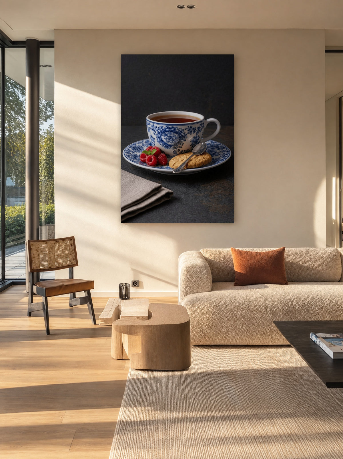 Theekrans met Frambozenkus als canvas zonder lijst aan de muur