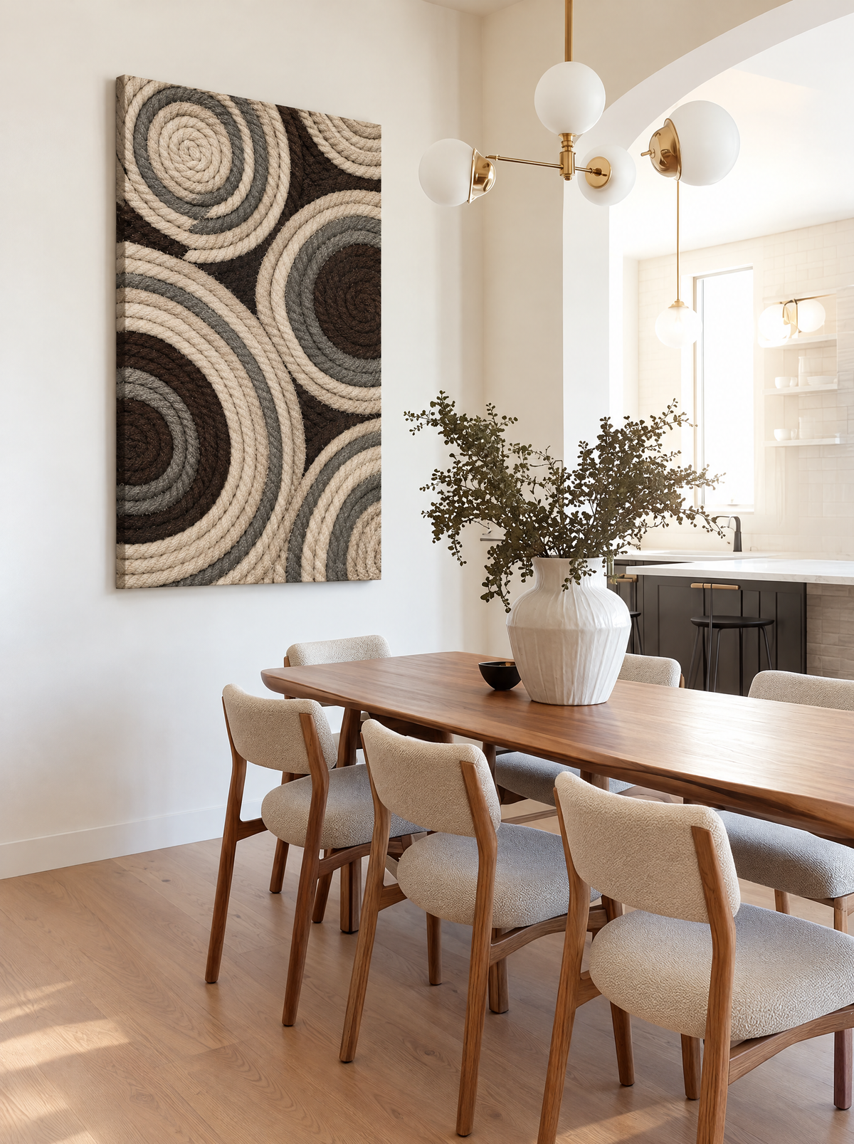 Touwspiralen in Naturel en Steengrijs als canvas zonder lijst aan de muur
