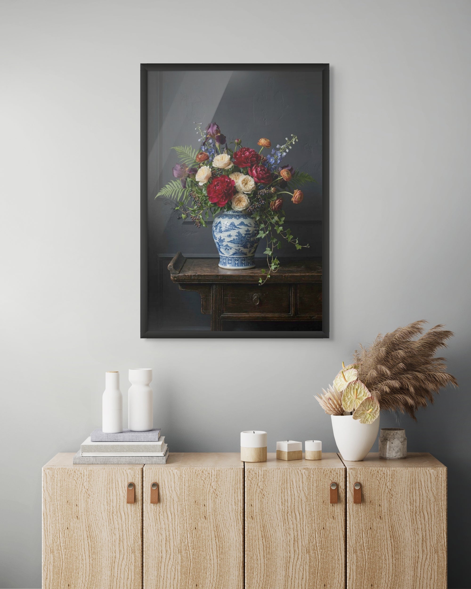 Delfts Blauw Abstract Wanddecoratie – Elegante Canvas Woonkamer Print