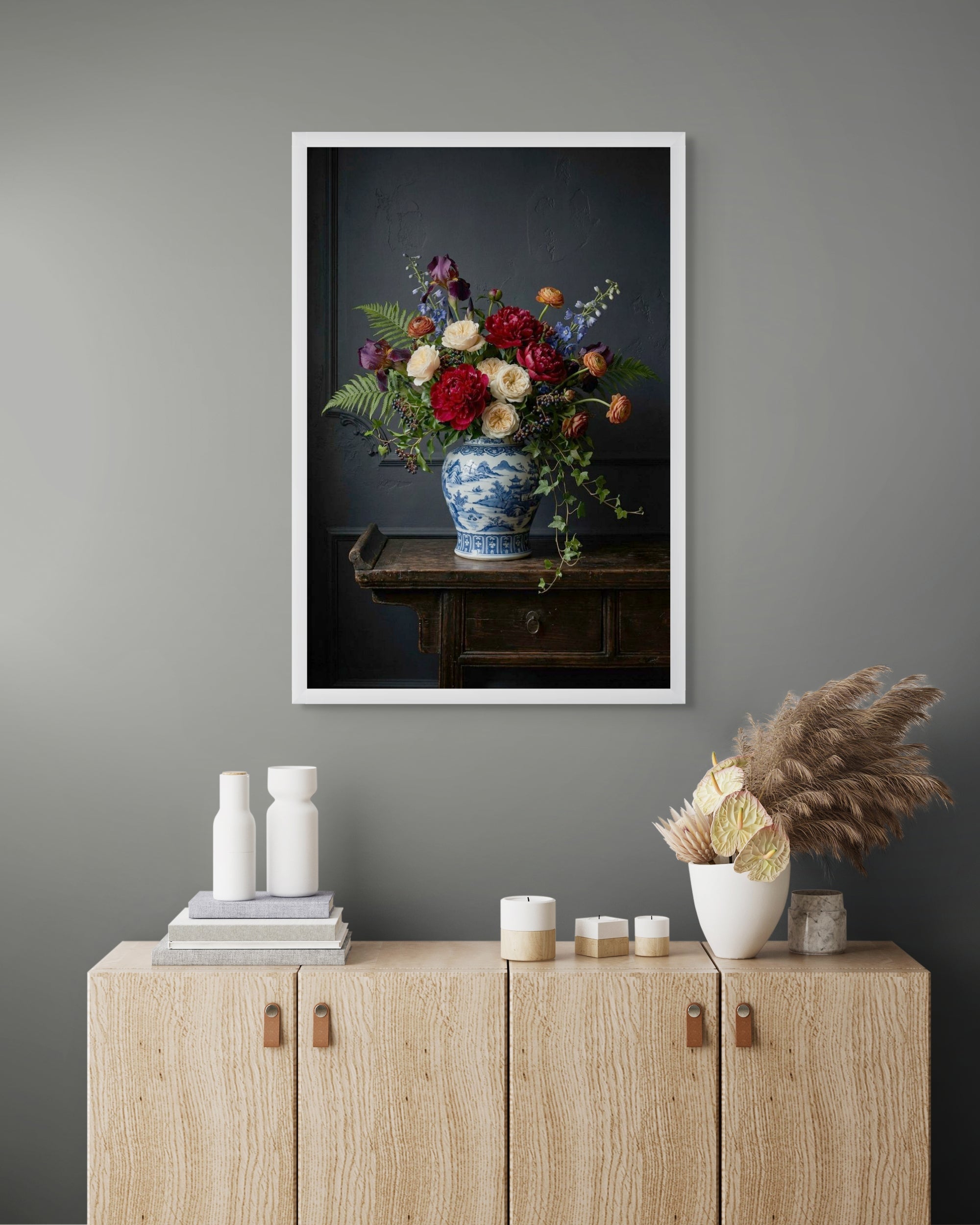 Delfts Blauw Abstract Wanddecoratie – Elegante Canvas Woonkamer Print