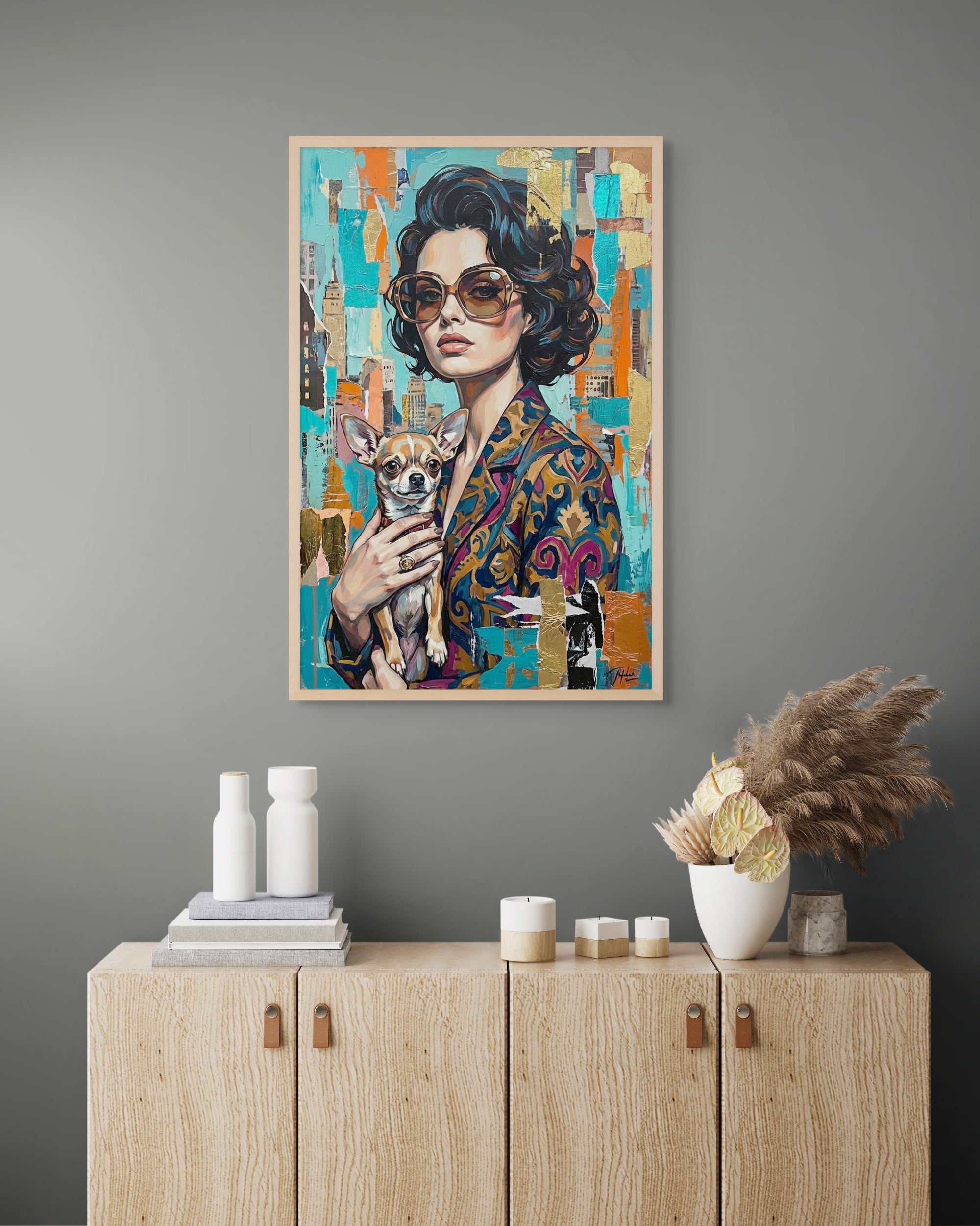 Chihuahua Wanddecoratie Stad – Stijlvolle Hond Canvas Woonkamer Print