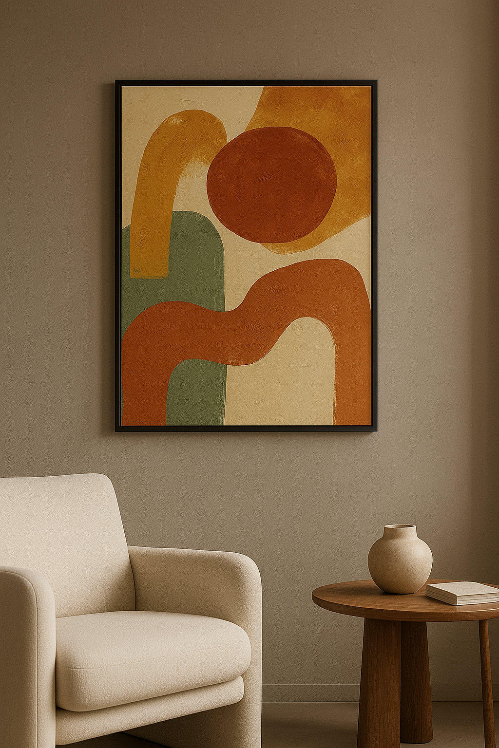 Wanddecoratie met zwarte lijst in moderne woonkamer