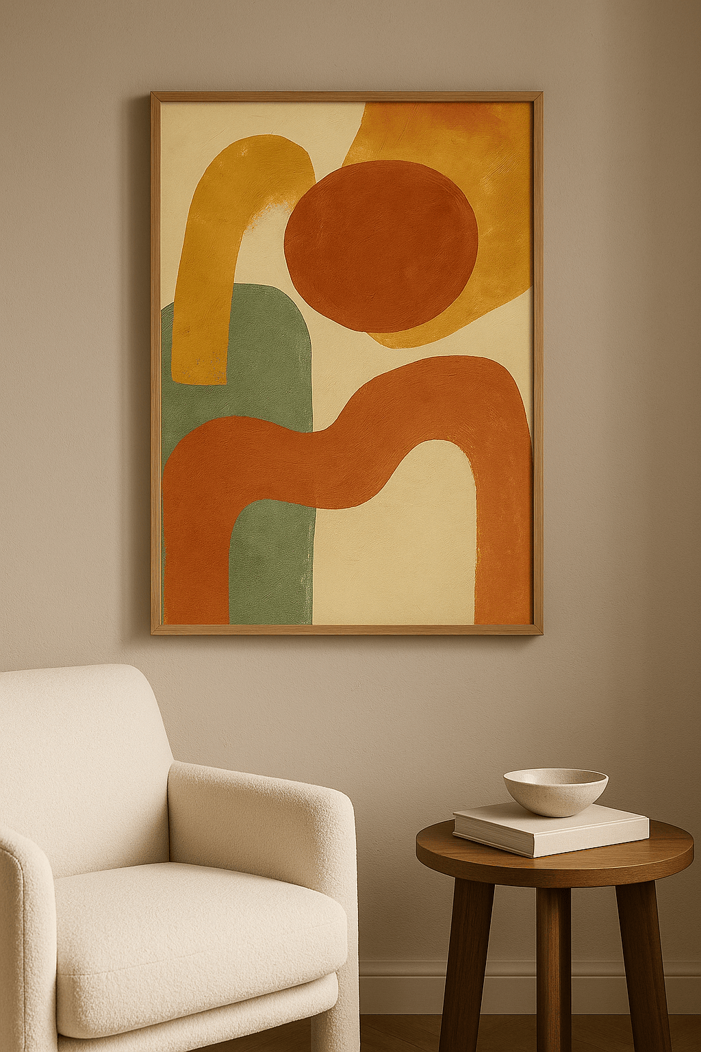 Organische Vormen in Warme Aardetinten Schilderij - interieurmockup eiken lijst