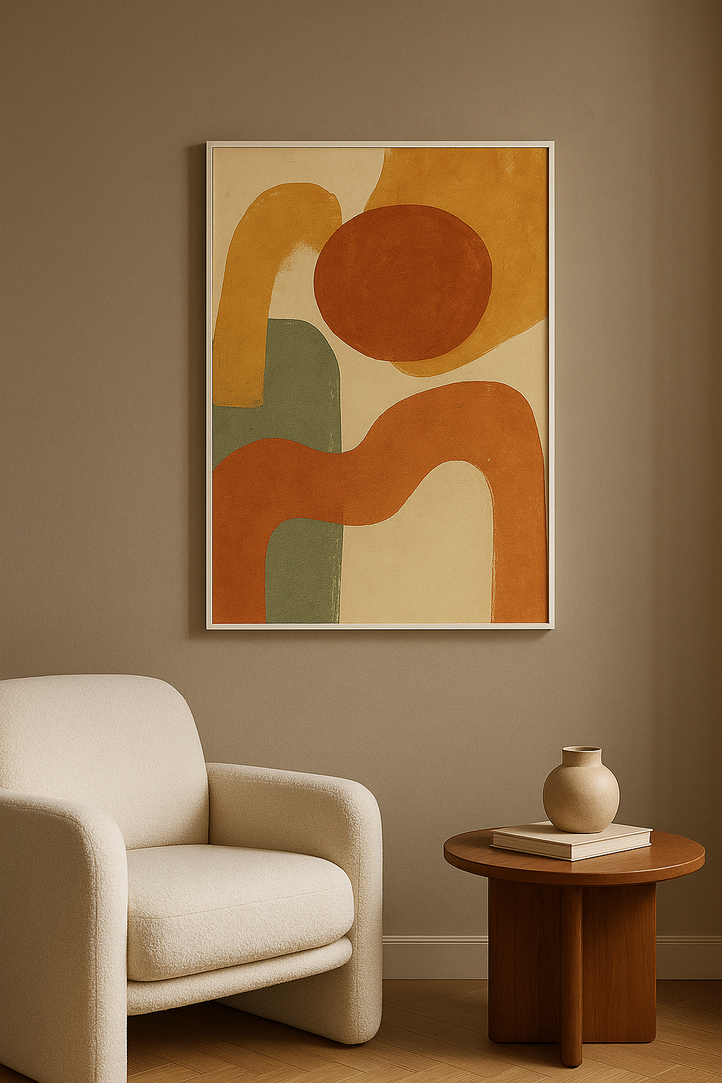 Wanddecoratie met witte lijst in moderne woonkamer